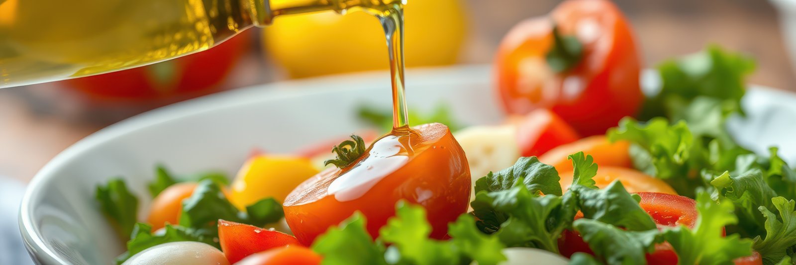 Fresh salad preparation with ripe vegetables and olive oil drizzling in a bright kitchen setting